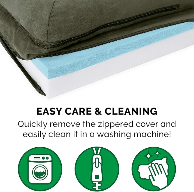 Furhaven Cooling Gel Dog Bed for Medium/Small Dogs w/ Removable Bolsters & Washable Cover, For Dogs Up to 35 lbs - Two-Tone Plush Faux Fur & Suede L Shaped Chaise - Dark Sage, Medium-PurrikoPets