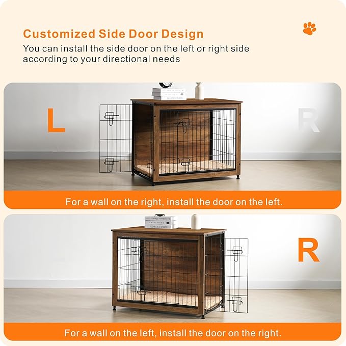 DWANTON Dog Crate Furniture with Cushion, Wooden Kennel Table with Double Doors, Indoor Dog House, Medium Size, 32.5" L, Warm Brown-PurrikoPets