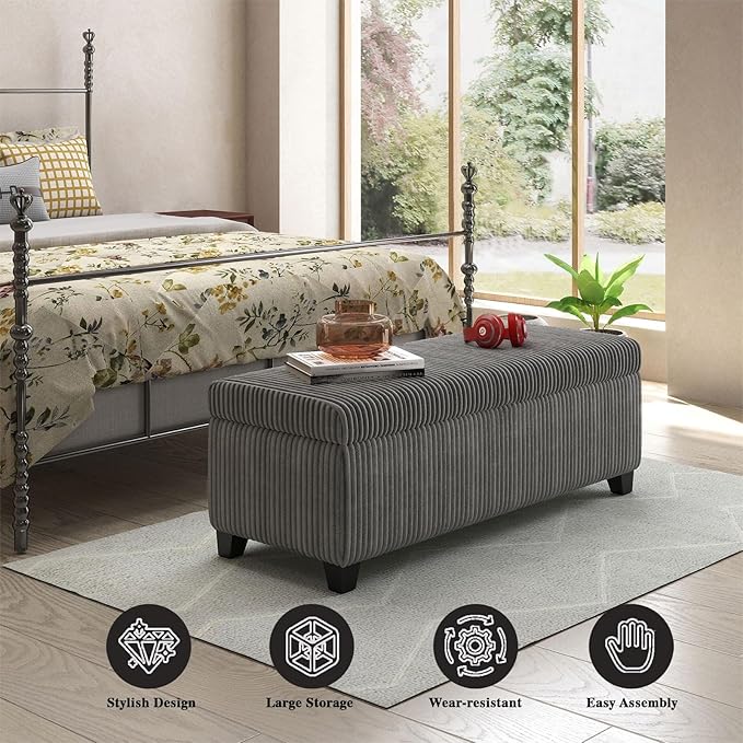 48" Ottoman with Storage, Corduroy Storage Ottoman Bench for Bedroom, End of Bed Bench with Safety Hinge for Living Room, Bedroom, Entryway, Grey-PurrikoPets