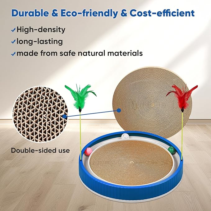 20-Inch Round Cat Scratcher with Ball Track – 3-in-1 Cardboard Scratching Pad with Feather Toy & Non-Slip Base – Interactive Cat Toy for Indoor Cats, Kittens & Large Cats (Blue)-PurrikoPets