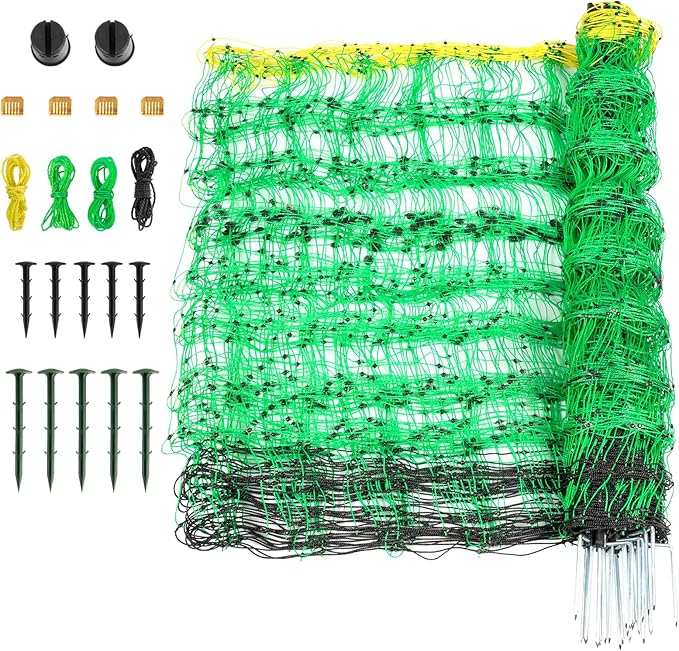 Electric Fence Netting, 49.6" H x 164' L, PE Net Fencing Kit with 14 Posts Double Spiked, Utility Portable Mesh for Sheep Hogs Goats Deer Dogs Lambs Used in Backyards Farms Ranches Patio, Green-PurrikoPets