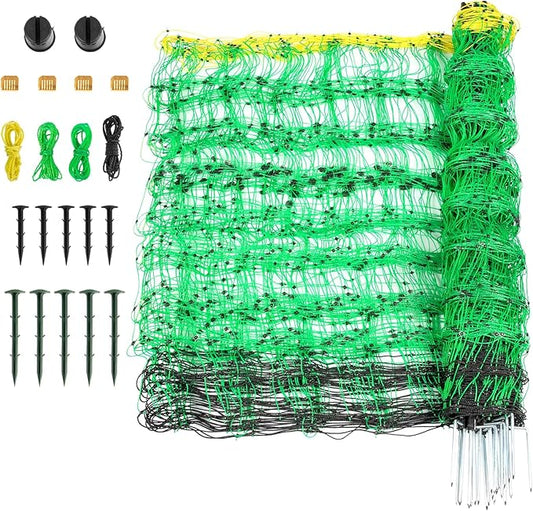 Electric Fence Netting, 49.6" H x 164' L, PE Net Fencing Kit with 14 Posts Double Spiked, Utility Portable Mesh for Sheep Hogs Goats Deer Dogs Lambs Used in Backyards Farms Ranches Patio, Green-PurrikoPets