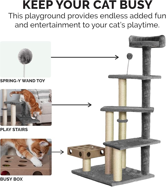 Furhaven 49.5" Tall Cat Tree for Indoor Cats, Ft. Sisal Scratching Posts, Plush Ball Toy, & Busy Box Toy - Tiger Tough Play Stairs Interactive Playground Tower - Gray, One Size-PurrikoPets