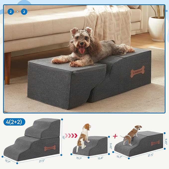 Dog Stairs 4 Steps for Small Dogs and Cats to Get on High Beds, Couch or Car, Pets Can Climb, Sit, Lie Down or Perch to Look Out Windows on The Spliceable Ramp, Provides Support, Grey（19" H）-PurrikoPets