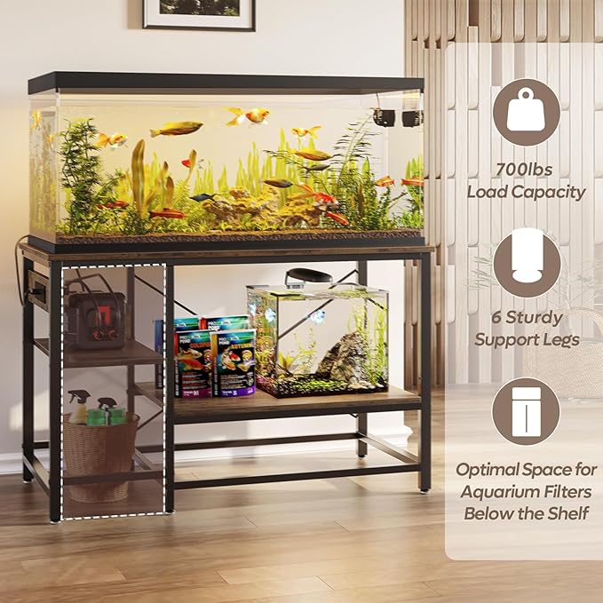 55 Gallon Fish Tank Stand with Charging Station, 49.2x13.8 Metal Aquarium Stand with 3-Tiers Adjustable Storage Shelves, 6-Legs Reptile Terrarium Stand, 700 LBs-PurrikoPets