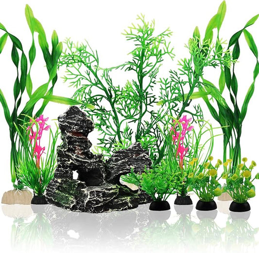 Fish Tank Accessories Aquarium Decorations Plants, 9pcs Green Fish Tank Decorations Plants and Cave Rock Decoration Decor Set, Aquarium Decor Plastic Plants-PurrikoPets