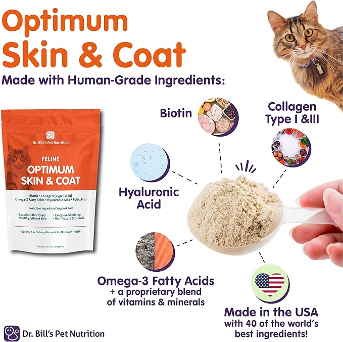 Dr. Bill’s Feline Optimum Skin & Coat – Fish Oil Omega-3 Fatty Acids for Cats Healthy Fur | Reduce Shedding and Hairballs with Biotin, Type I & III Marine Collagen, Hyaluronic Acid, & Folic Acid-PurrikoPets