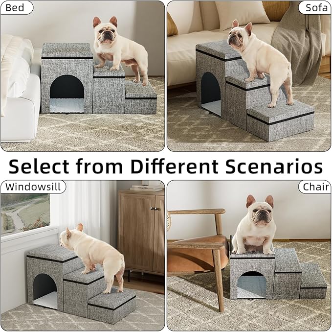 Dog Stairs with Storage, 3-Step Wider Dog Steps with Condo for Dogs and Cats, Pet Stairs for High Bed Climbing, Grey-PurrikoPets