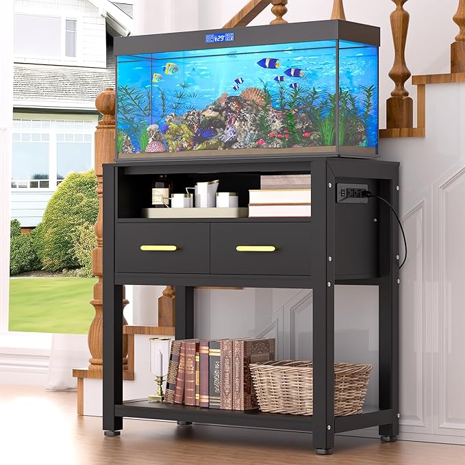 20-29 Gallon Aquarium Stand with Stable Metal Frame & Power Outlet, Heavy-Duty Fish Tank Stand with Waterproof Mat, 550LBS Capacity Storage Cabinet, Black-PurrikoPets