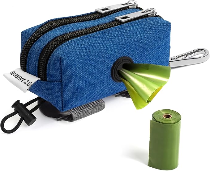 Dog Poop Bag Holder for Leashes - Dog Poop Bag Dispenser and Treat Holder with 2 Waterproof Pouches for Pet Waste Bags and Walking Accessories + 1 Free Roll - Leashrr 2.0 (Blue)-PurrikoPets