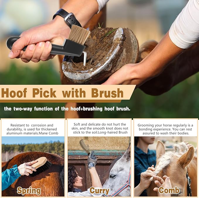 Abbylike 12 Pieces Horse Grooming Kit Racing Festival Tack Room Supplies Horse Brush Sets Equine Care Cleaning Kit Shedding Grooming Massaging Tools(Dark Gray)-PurrikoPets