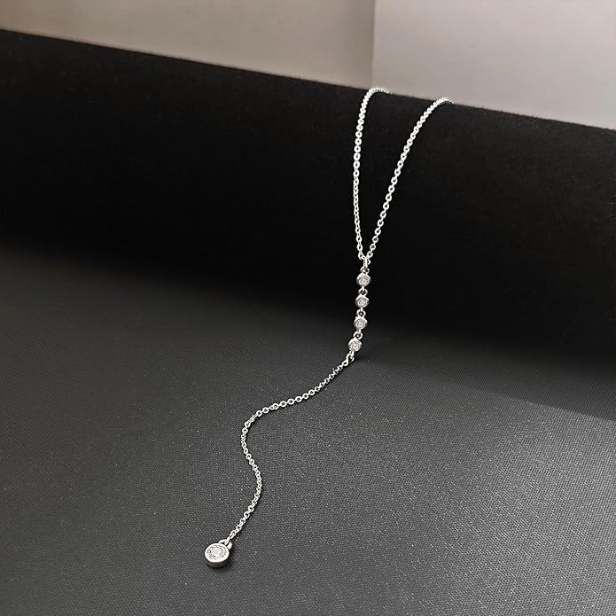 Lariat Silver/Gold Necklace for Women 925 Silver/14K Gold Plated Dainty Long Necklace Y-Shaped Drop Pendant Necklaces Choker Trendy Chain Simple Layered Necklaces CZ Jewelry for Women Set Gift