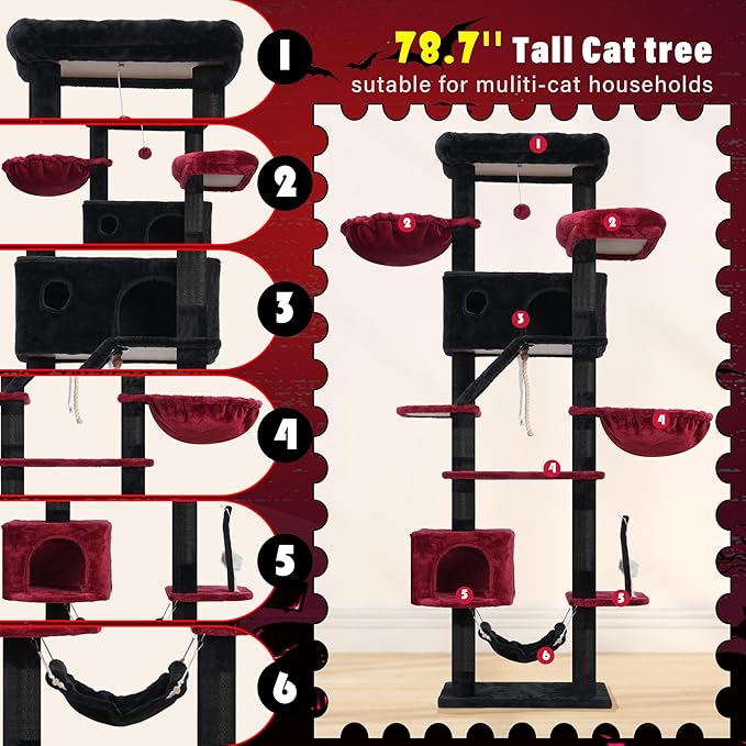 Gothic Cat Tree for Large Cats, 78.7"(200cm) Tall Cat Tower for Indoor Cats Multiple Cats with Large Top Perch, Cat Condo, Cat Hammcok, Cat Scratching Post, Black and Red GCT031BR-PurrikoPets