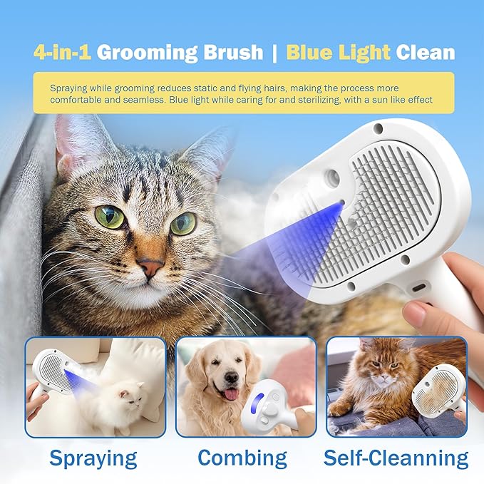 4-in-1 Pet Grooming Steam Brush for Cats & Dogs – Steam Spray, Blue Light, Hair Removal, Self-Cleaning Comb – Includes Pet Waterless Shampoo-PurrikoPets