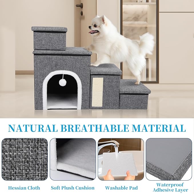 Dog Stairs for Bed and Couch 23“H, Foldable Dog Stairs for Small Older Dogs, 4 in 1 Adjustable Pet Cat Steps Ramps with Storage, Condo, Cat Scratcher, Hold Up to 180LBS, 4 Steps-PurrikoPets