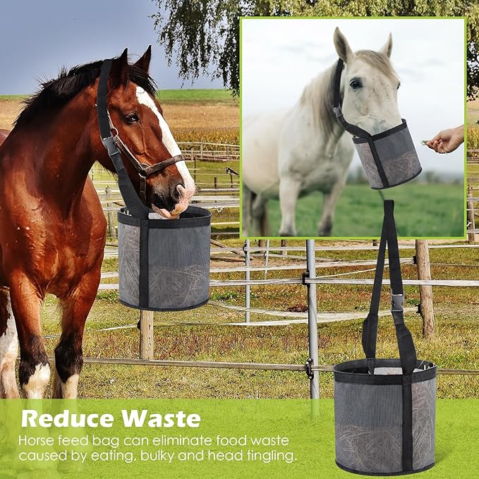2 Pcs Horses Feed Horse Bag for Grain Hay Bags Heavy Duty Mesh Horse Feeder with Adjustable Strap Comfort Neck Pad Nose Pad and Waterproof Bottom Muzzle(Gray)-PurrikoPets
