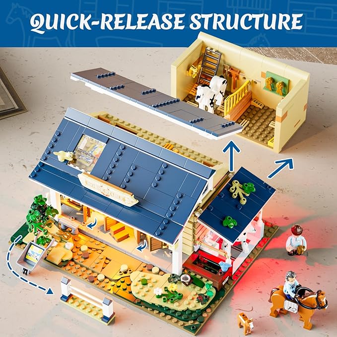 FUNWHOLE Farm Horse-Stable Lighting-Building-Bricks Set - Farm Life Horse Animals Cabin Collection LED Light Cottage Model Display Set 973 Pcs for Adults and Teen-PurrikoPets