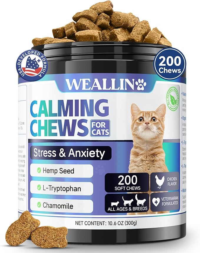 200 PCS Cat Calming Treats, Calming Treats for Cats Help to Manage Stress & Anxiety, Calming Aid for Cats with Hemp Seed Powder Chamomile Melatonin for Cat Anxiety Relief, Separation, Travel, Storms-PurrikoPets