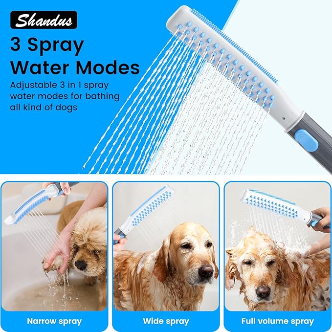 Dog Shower Attachment, Dog Washing Hose Attachment with Metal T-Diverter, Dog Bathing Supplies with 3 Spray Modes & One-Button ON/OFF Indoor and Outdoor Sprayer 8-Foot Hose-PurrikoPets