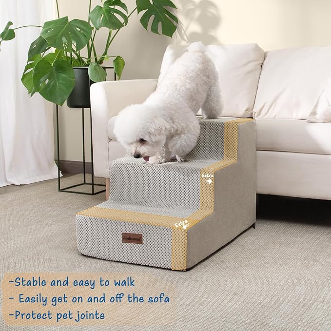 Dog Stairs for Small Dogs & Cats, 3-Step Extra Wide Non-Slip Pet Steps for Couch Sofa and Chair, Light Grey, 15.7" H-PurrikoPets
