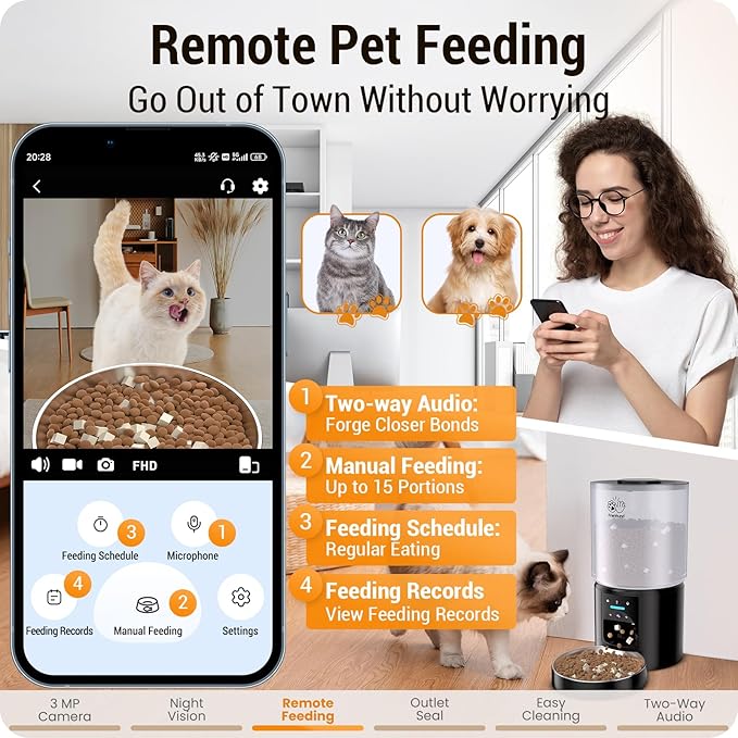 5L Automatic Cat Feeder with 2K HD Camera: 5G WiFi Automatic Dog Feeder with Night Vision,Cat Food Dispenser with Freshness for Multiple Pets,Detachable for Easy Clean-21 Cup (Sealed Outlet)-PurrikoPets