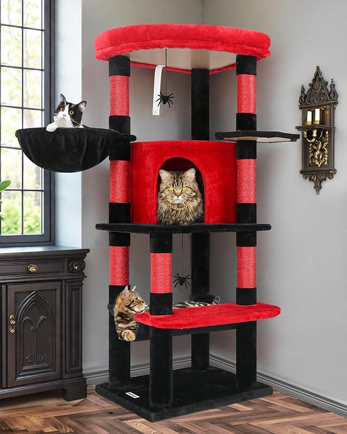 Globlazer Gothic Corner Cat Tree Tower with Scratching Post for Indoor Cats, 51inch Goth Cat Condo Tower with Large Hammock, Fan-Shaped Padded Perch, Spacious Cat Cave, Hanging Basket, C51, Red Black-PurrikoPets
