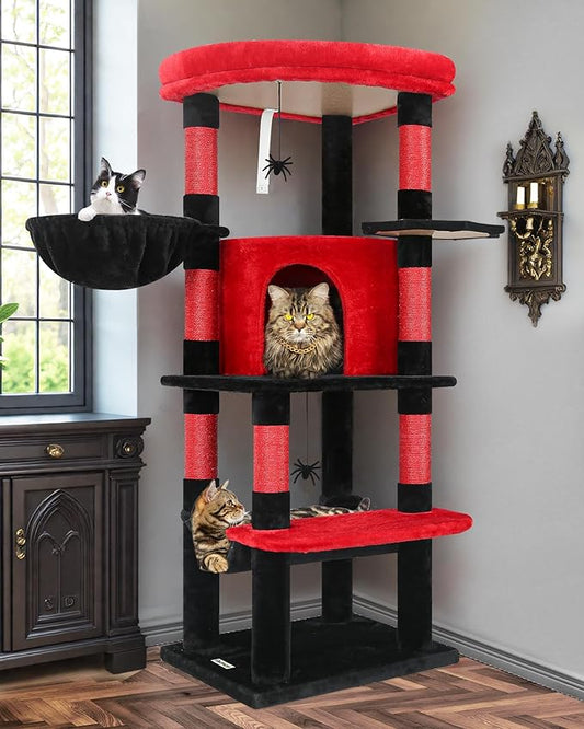 Globlazer Gothic Corner Cat Tree Tower with Scratching Post for Indoor Cats, 51inch Goth Cat Condo Tower with Large Hammock, Fan-Shaped Padded Perch, Spacious Cat Cave, Hanging Basket, C51, Red Black-PurrikoPets