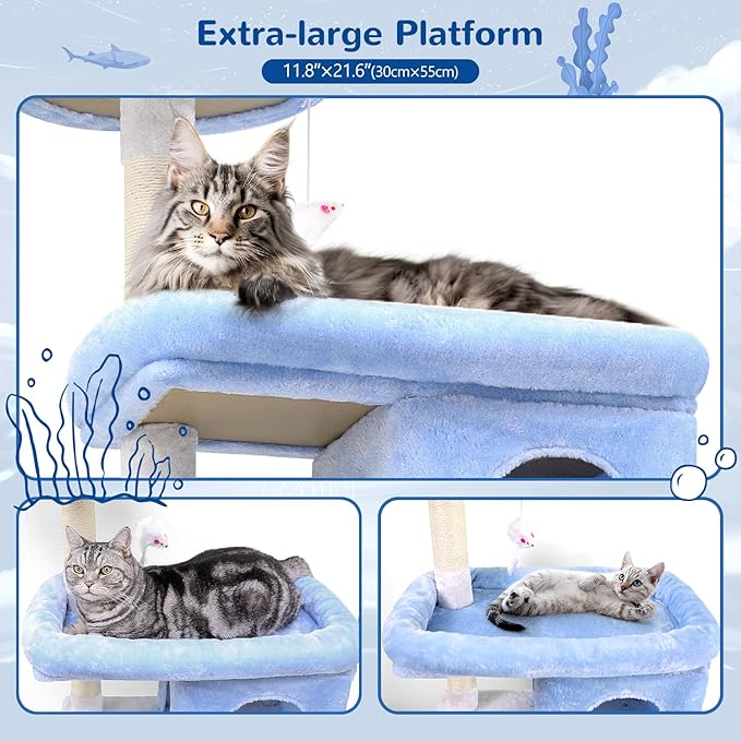 Globlazer Heavy Duty Cat Trees for Large Cats, Sturdy 72in Maine Coon Cat Tree for Large Cats 20 lbs+ Heavy Duty Cat Tower for Adult Biggest Cat with 6 Scratching Posts, Hammock, S72, Ocean Blue-PurrikoPets