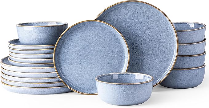 GBHOME Ceramic Dinnerware Sets for 6, 18 Pieces Stoneware Plates and Bowls Sets, Scratch Resistant Dish Sets for Dinner, Dishwasher & Microwave Safe, Brunnera Blue-PurrikoPets