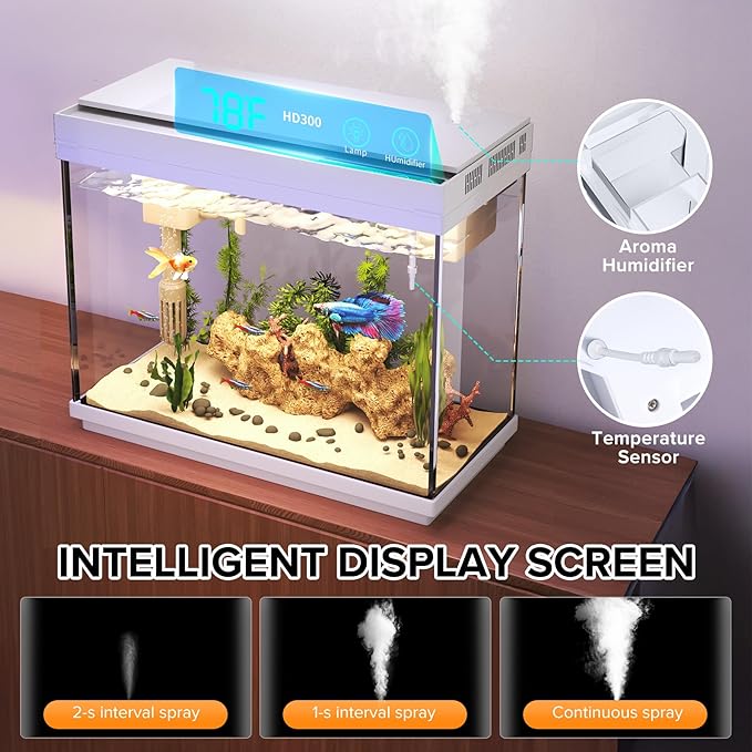 Fish Tank 2.4 Gallon Aquarium Kit with Humidifier 7-Color Auto-Looping 3 in 1 Quiet Pump with Filteration & Oxygenation & Circulation, Temperature Display, HD Glass-PurrikoPets