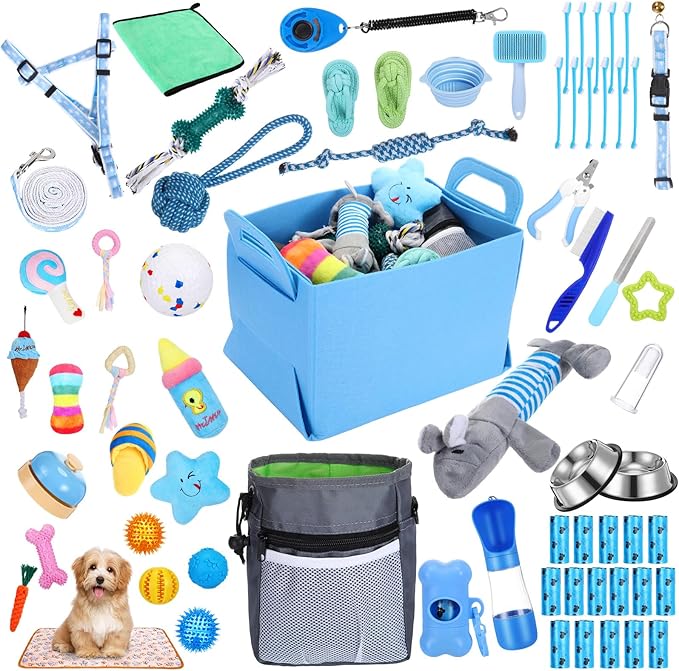 65 Pcs Puppy Supplies Starter Kit Small Dog Essentials Includes Dog Leash, Toys, Bowl, Brushes, Water Bottles, pet Blankets Puppy Accessories for New Welcome Gift Supplies(Cool,Blue)-PurrikoPets