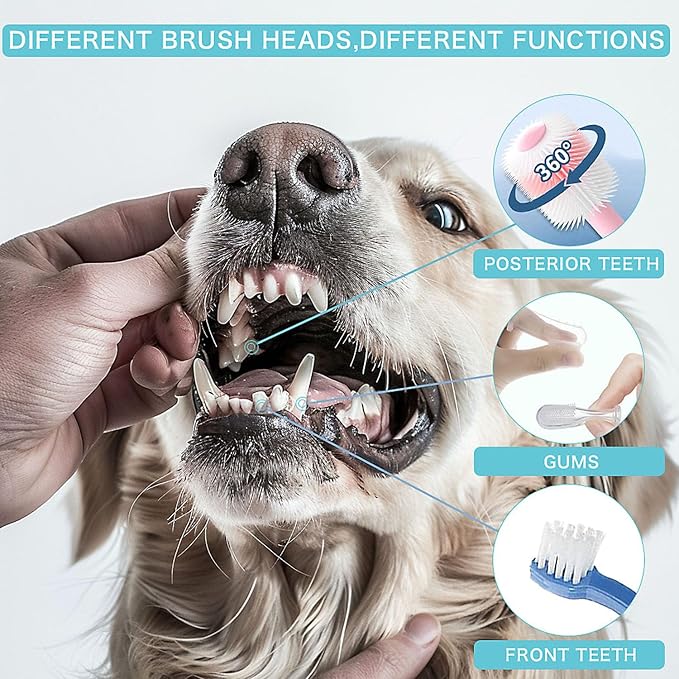 Dog Toothbrush, Finger Toothbrushes, 360 Degree Toothbrush, Triple Head Dog Toothbrushes, Double Head Toothbrush,Cleaning Brushes for Dog Cat Oral Dental Health (Blue, L)-PurrikoPets