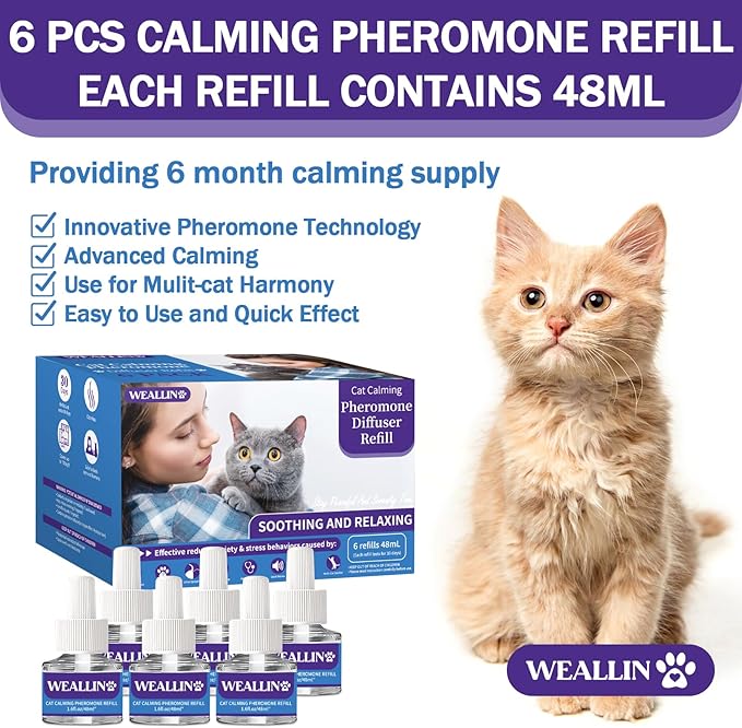 6 Pack Cat Calming Diffuser Refills - Cat Pheromones Calming Diffuser Refill Relieve Anxiety & Stress 6 Month Supply, Cat Pheromone Diffuser Refills (Fits All Common Diffuser Heads)-PurrikoPets