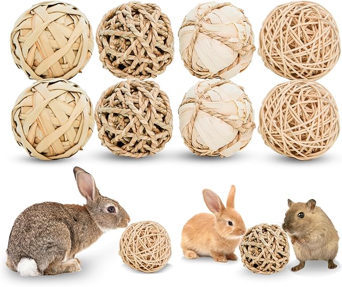 8 Pack Small Pet Chew Toys - 7cm Natural Woven Balls for Rabbits, Guinea Pigs, Hamsters (2 Seagrass, 2 Rattan, 2 Corn Husk, 2 Seaweed Rope) - Safe Dental Grinding Toys-PurrikoPets