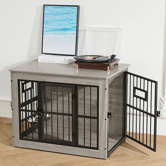 Gardner Pet Dog Crate Furniture for Medium Dogs, 32.7 Inch Dog Kennel Indoor, Wooden Dog Cage End Table with 2 Removable Bowls, Heavy Duty Dog Crate, Rustic Grey-PurrikoPets