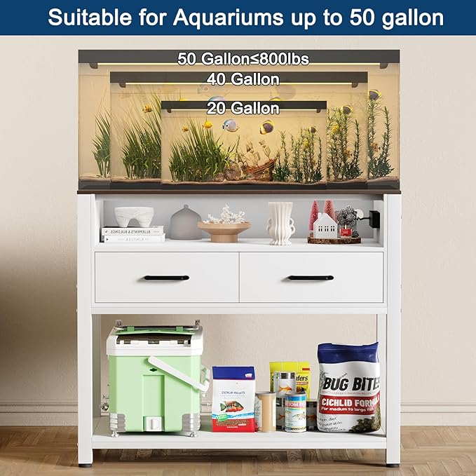 40-50 Gallon Fish Tank Stand with Power Outlet & 2 Storage Drawers, Heavy Duty Metal Frame Aquarium Stand with Waterproof Mat, 36.6" L*19.1" W Tabletop, 800LBS Capacity, White+Brown-PurrikoPets