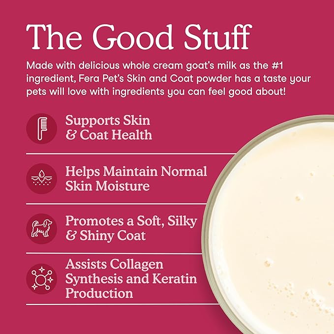 Fera Pets Goat Milk Topper - Cat & Dog Skin and Coat Supplement with Collagen, Biotin & Vitamin C - Helps Maintain Normal Skin Moisture - Promotes a Shiny Coat - for Picky Eaters - 60 TSP-PurrikoPets