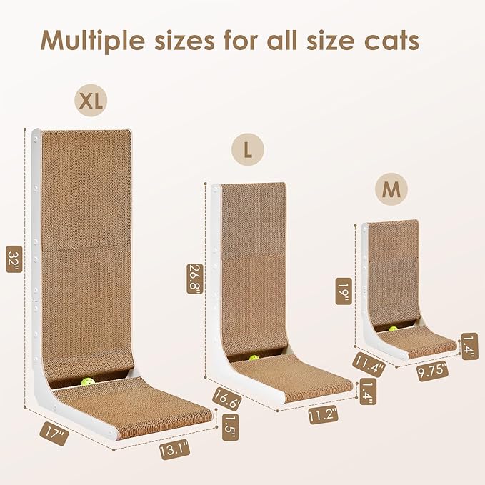 EHEYCIGA Cardboard Cat Scratcher for Indoor Cats, 32 Inch L Shaped Vertical Cat Scratching Board with Ball Cat Toy, Extra Large Cat Scratcher Pad, White-PurrikoPets