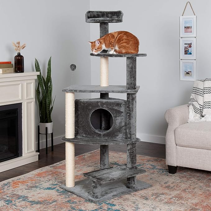 Furhaven 59.8" Tall Cat Tree for Indoor Cats, Ft. Sisal Scratching Posts, Condo, & Toys - Tiger Tough Platform House Interactive Playground Tower - Gray, One Size-PurrikoPets