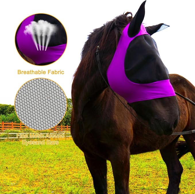 2 Piece Horse Fly Mask with Ears, Comfortable Fit Stretch Fabric Big Eye Space Soft Breathable with UV Protection for Full Horses (Purple-Gray)-PurrikoPets