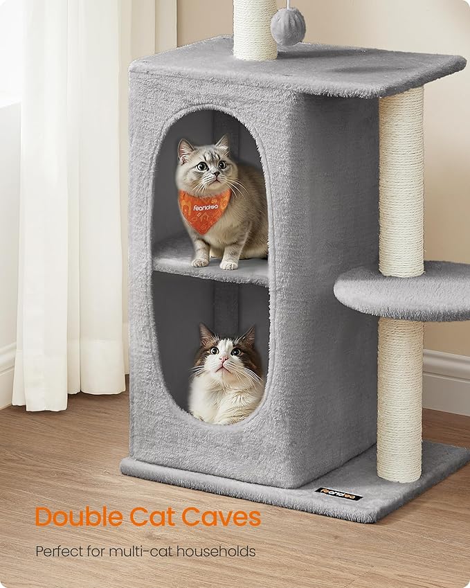 Feandrea Cat Tree Tower with 2 Caves for Multi-Cat Households, Kittens, Scratching Posts, Light Gray UPCT005G01-PurrikoPets