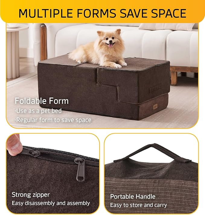Dog Stairs for Bed, Dog Steps for Bed Couch Sofa, 35D Foam Pet Steps for Small Dogs and Cats, Extra Wide Pet Stairs with Non-Slip Bottom Brown, 3 Steps-PurrikoPets