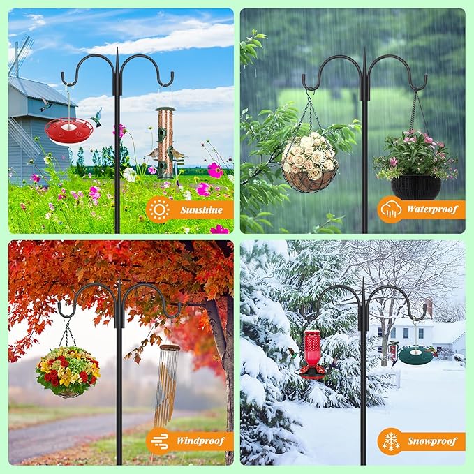 FEED GARDEN Adjustable Double Shepherds Hook for Outdoor with 5 Prong Base 63 Inch Heavy Duty Two Sided Bird Feeder Pole for Hanging Plant Baskets, Solar Light Lanterns, Wind Chimes 2 Pack-PurrikoPets