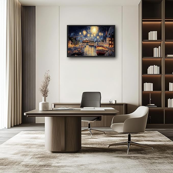 Framed Large Firework Night Sky Wall Art, Oversized European City Landscape Wall Decor for Living Room, River Boats Canvas Pictures Home Decoration for Living Room Bedroom Office 36"x24"-PurrikoPets