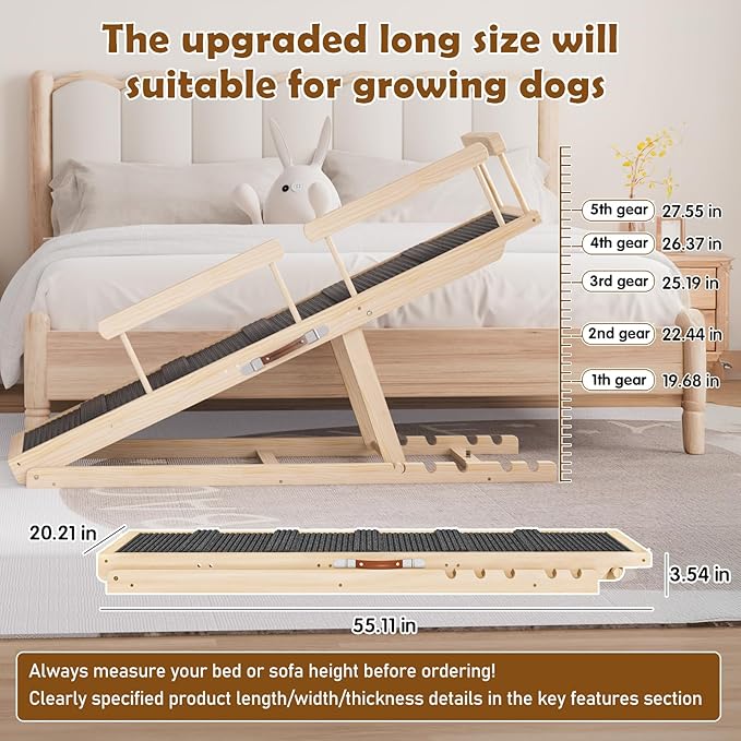 Dog Ramp for Couch, Bed or Car, Wooden 55" Long Pet Stairs for Small & Large Old Dogs & Cats, Hold up to 250lb, 6 Adjustable Height from 19.68" to 27.55" Portable Doggie Steps, Excellent Traction-PurrikoPets