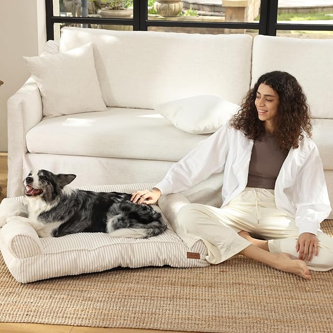 FUKUMARU Cute Dog Bed, Fluffy Pet Bed with TPU Layer Keeping Lining Dry, Dog Couch Medium Size Dogs Easy to Care, Warm Cat Bed with Removable Zipper Cover, 36inch, Large, Cream-PurrikoPets