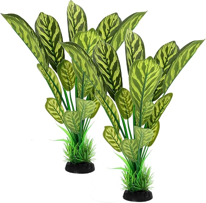 ALEGI Silk Aquarium Plants, 12 Inch Artificial Silk Plants Decorations for Fish Tank,Aquarium Décor Plastic Plants (Green with Stripes, 2 Pack)-PurrikoPets