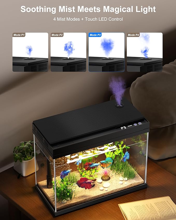 Fish Tank with Desktop Humidifier, 2.38 Gallon Quiet Eco Aquarium,Smart Touch LED Light & Temperature Display, Glass Mini Fish Tank-PurrikoPets