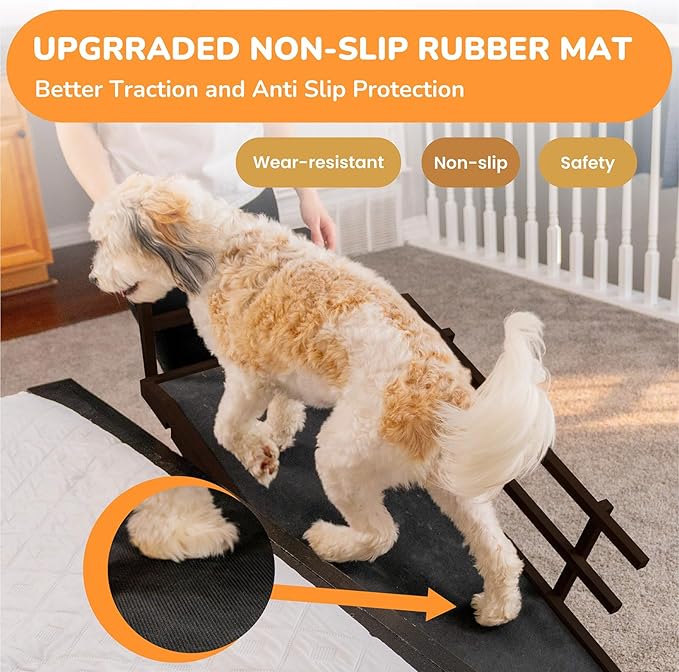 Dog Ramp for Bed, 5 Level Adjustable Dog Ramp for High Beds, Upgrade Rubber Mat High Traction Ramp with Safety Rails, Folding Pet Ramp for Bed, Couch,SUV, Natural Wood Pet Ramp for Small & Old Dogs-PurrikoPets