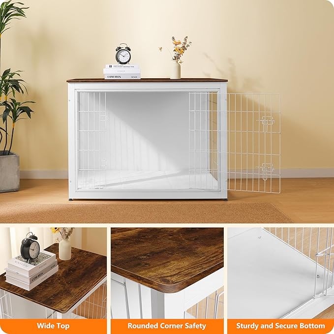 DWANTON Dog Crate Furniture with Cushion, Wooden Kennel Table with Double Doors, Indoor Dog House, Extra Large Size, 43.3" L, White+Rustic Brown-PurrikoPets